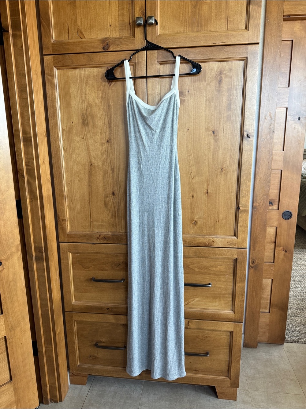 naked wardrobe Grey Ribbed Maxi Dress with White straps and Trim